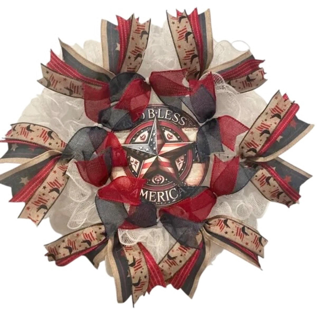 White Deco Mesh Starburst Wreath, God Bless America Wooden Sign, Americana Red White Blue 14 Inch