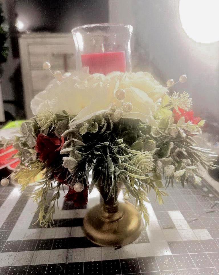 Vintage Valentine Candle Centerpiece: Red Roses, Pearl Berries