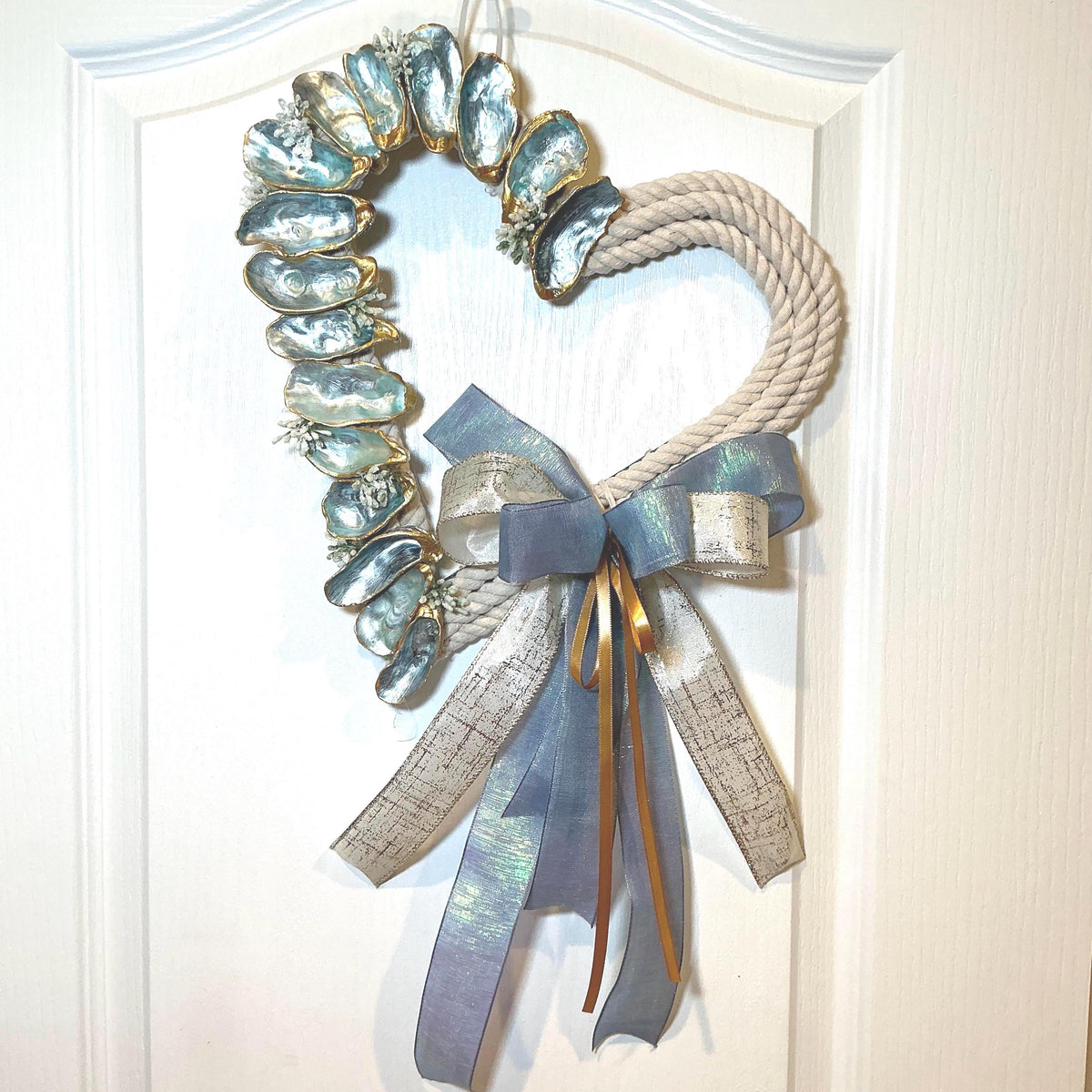 Heart Shaped Oyster Shell Wreath with Rope, Coastal Beach Wall Decor