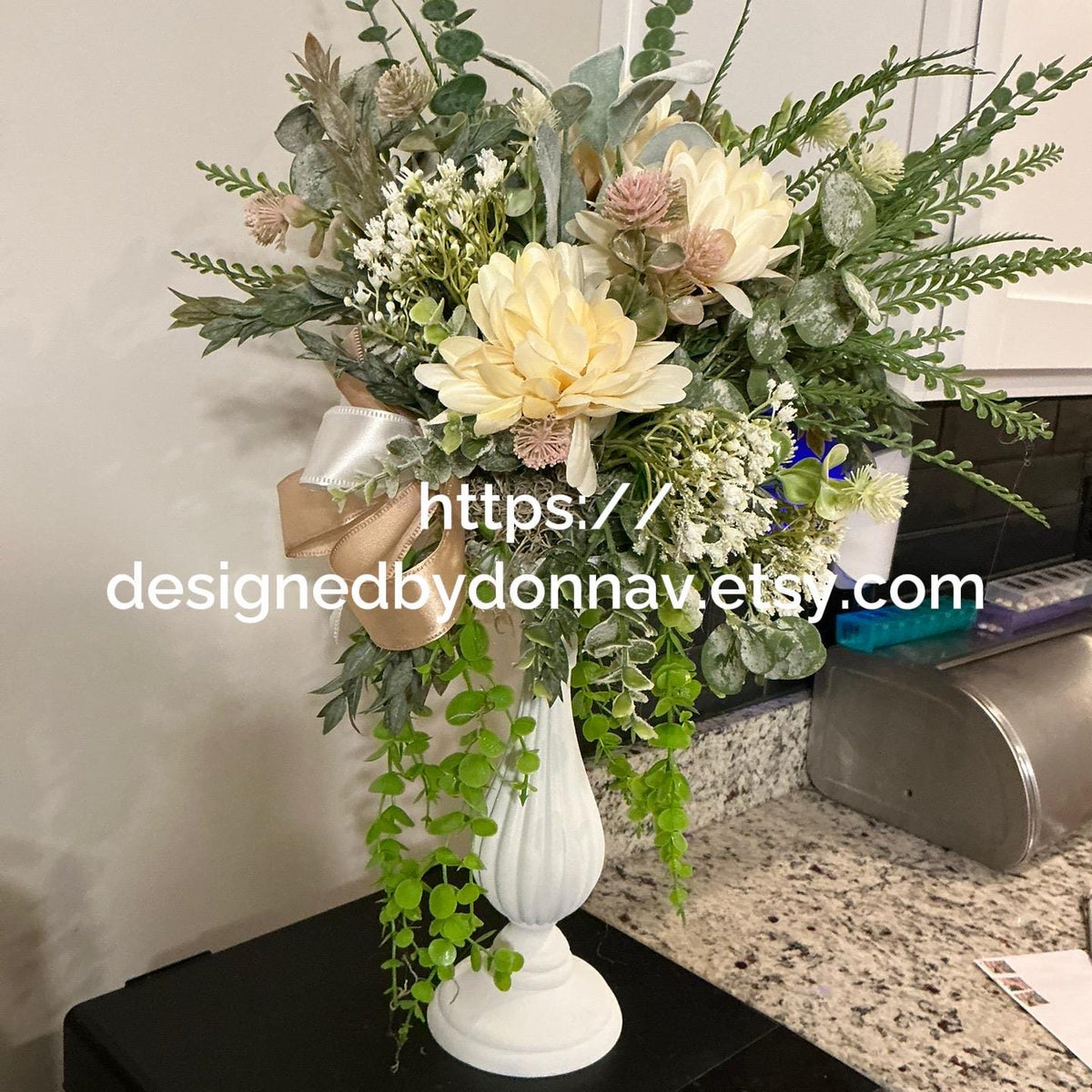 Floral Pedestal Arrangement, Cream Dahlias, Eucalyptus, Trailing Vine, Champagne Bow