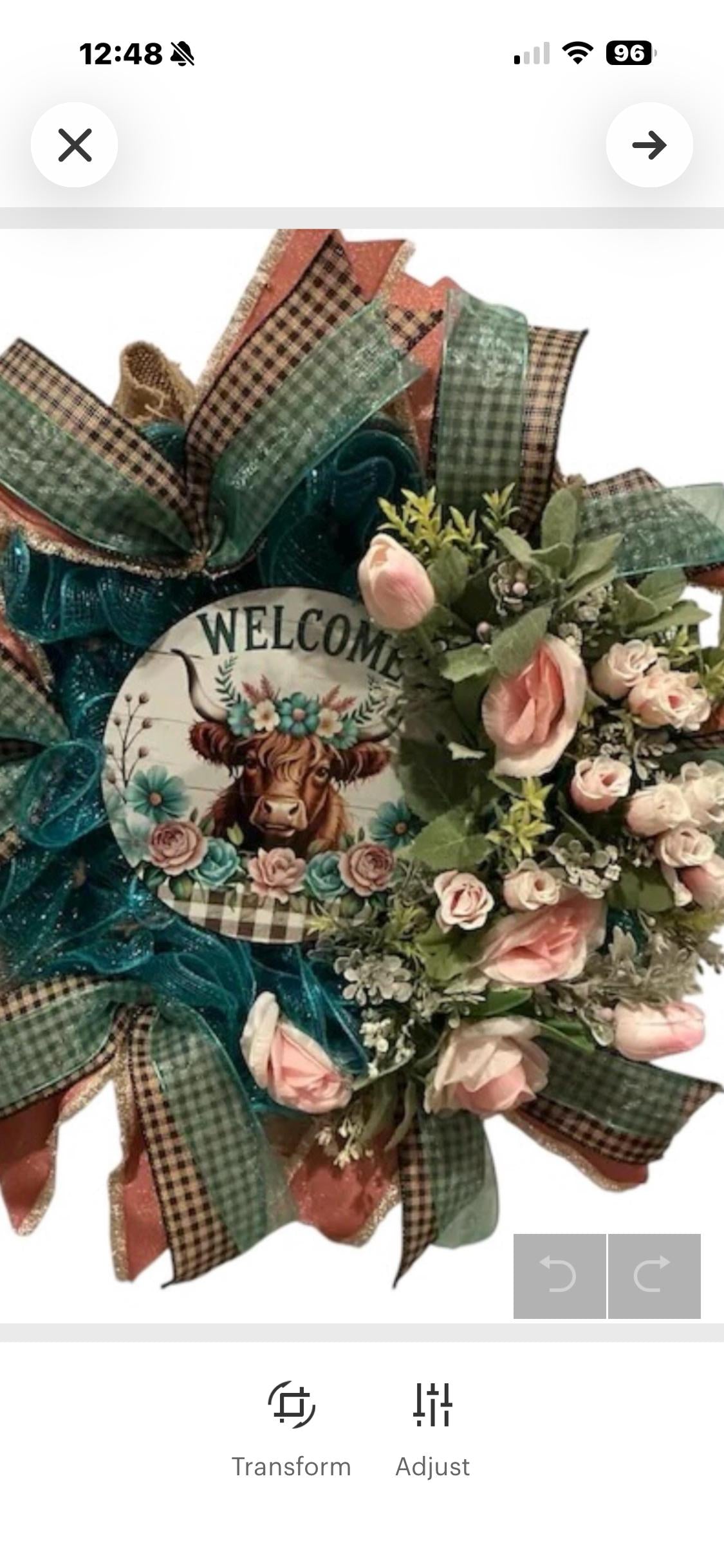 Highland Cow Mesh Wreath with Pink Roses, Sage Plaid Ribbon and Welcome Sign