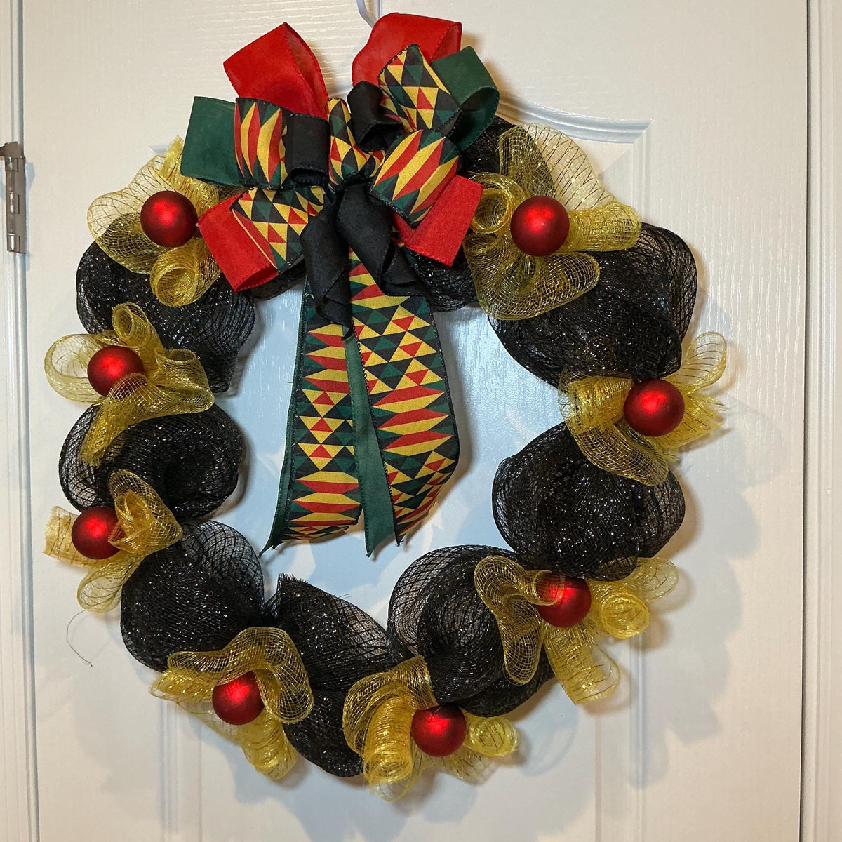 Juneteenth Wreath Black Gold Deco Mesh, Kente Print Bow Wreath, African American Door Wreath, Juneteenth Decor, Handmade Freedom Day Wreath
