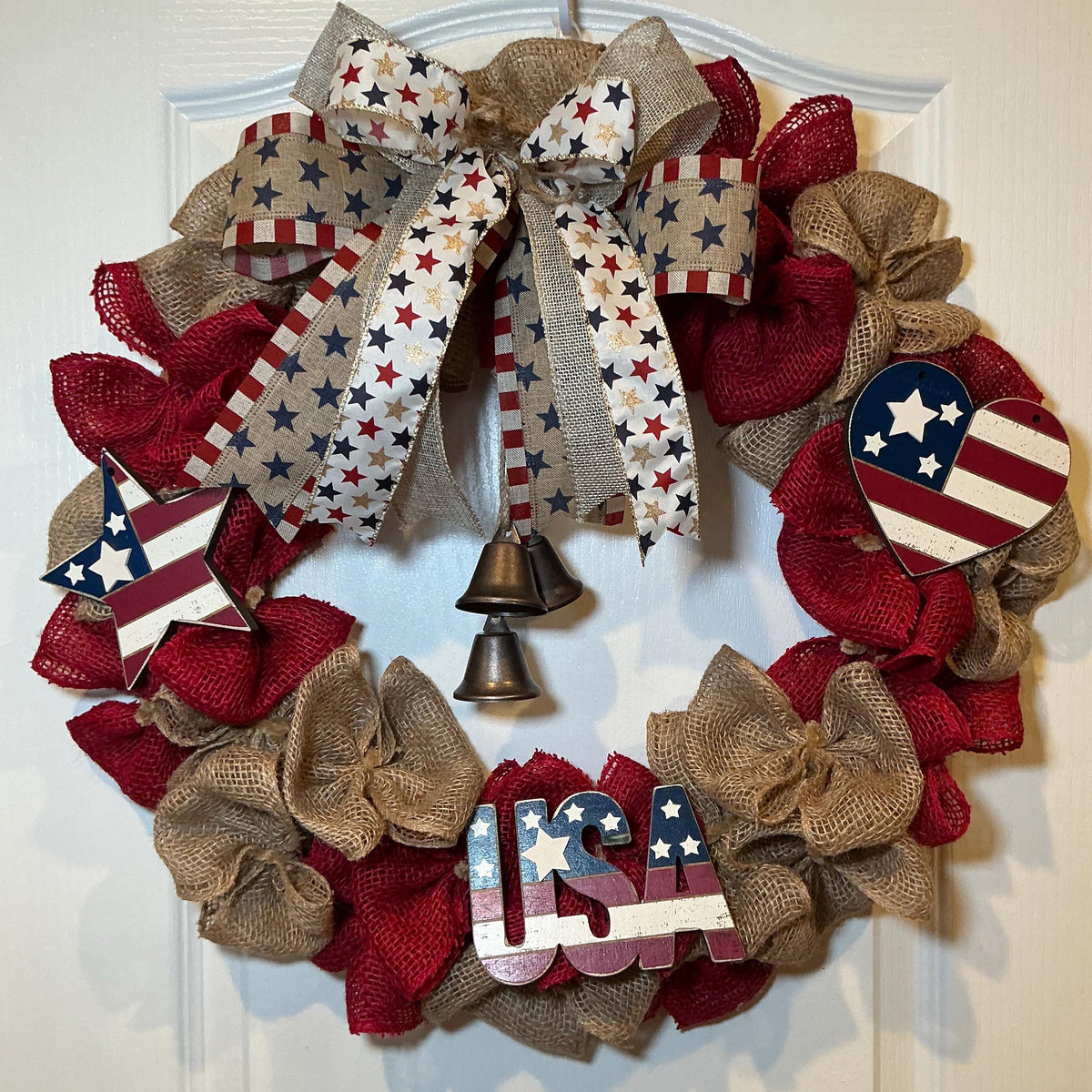 Rustic Burlap Bell Wreath, Star Heart Americana Decor, USA 250th Anniversary Red White Blue