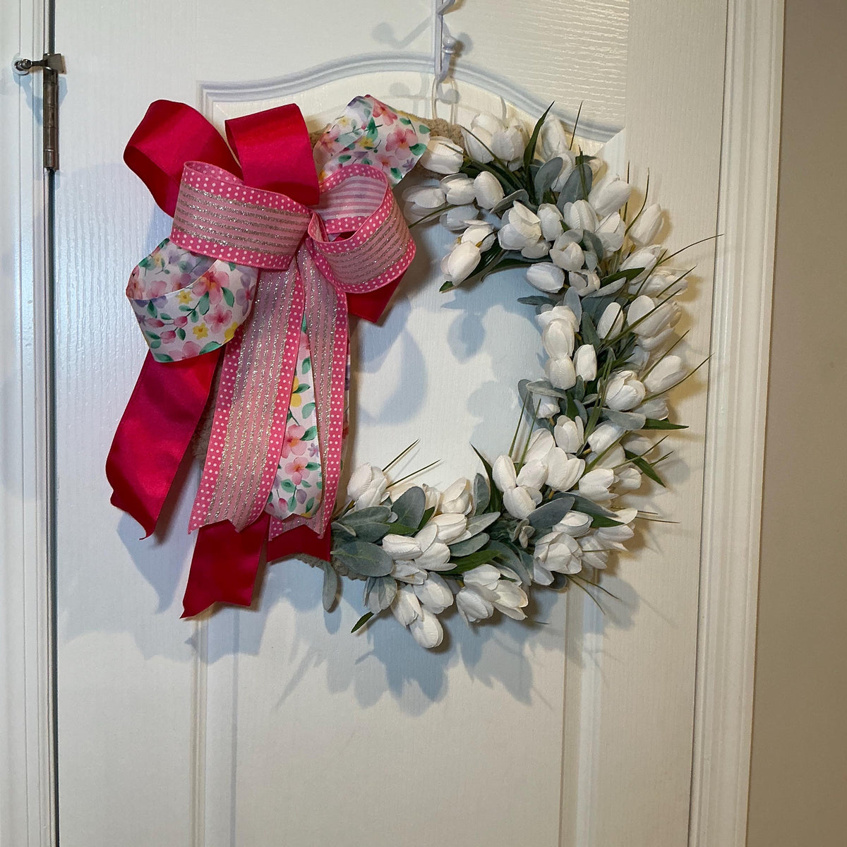 Front Door Wreath, White Tulip Design, Pink Bow Farmhouse Wreath, Floral Decor, Housewarming Gift, Handmade