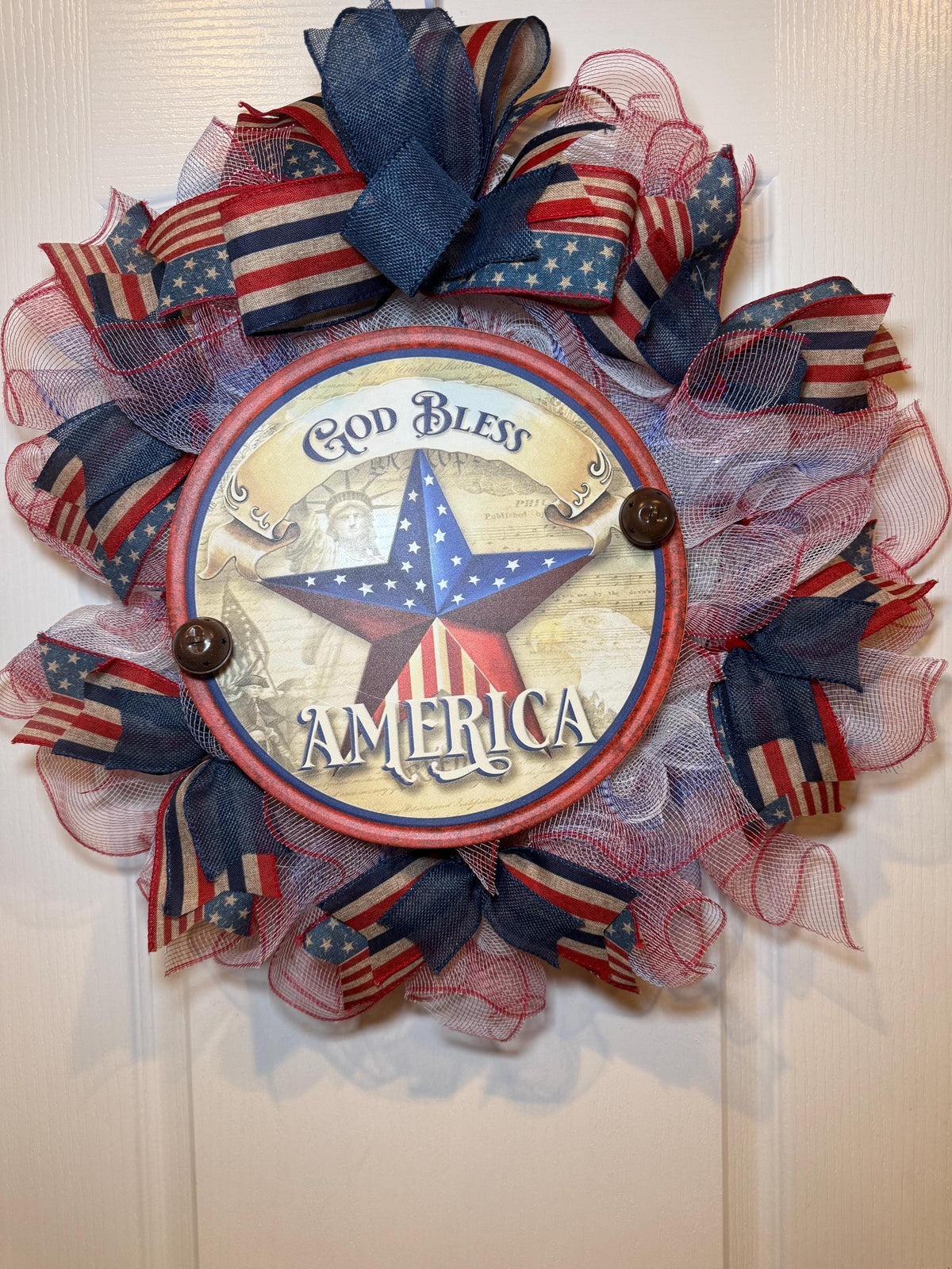 Star Sign deco mesh Wreath, God Bless America Fourth of July Red White Blue, 14 Inch Independence Day Handmade NC
