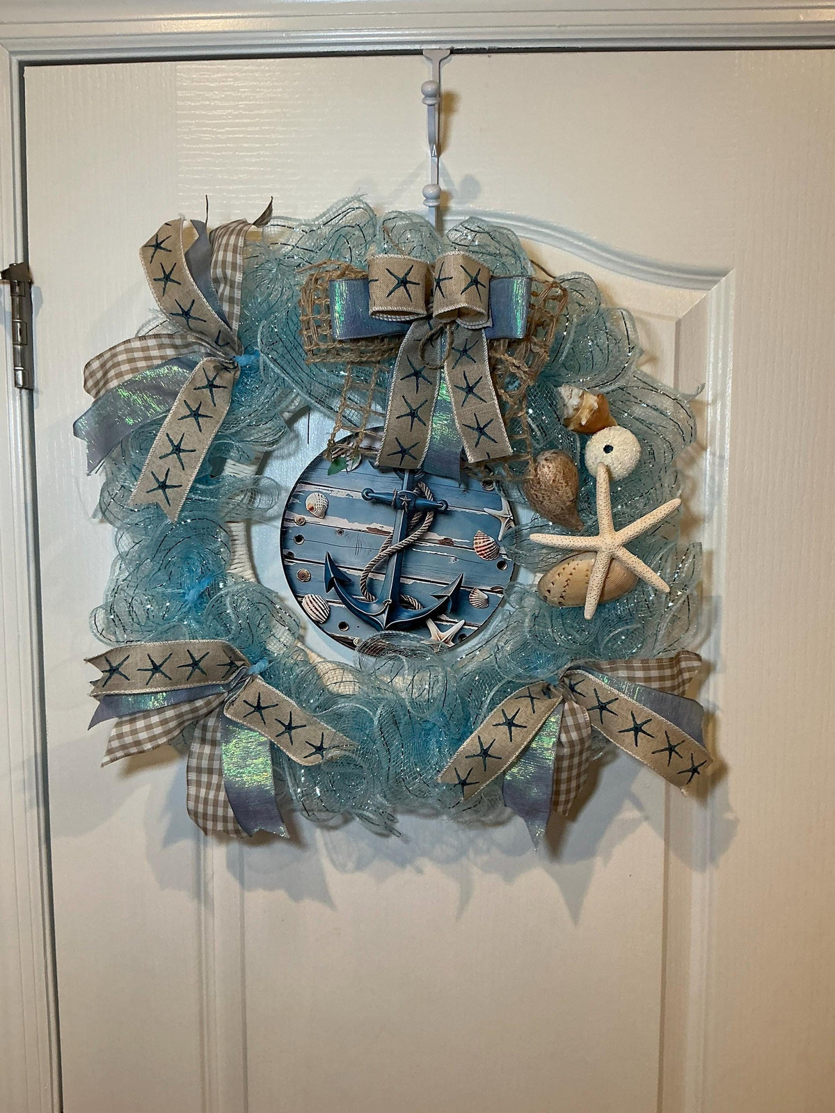 Ocean Blue Coastal Seashell Wreath with Starfish and Rope, Summer Front Door Decor