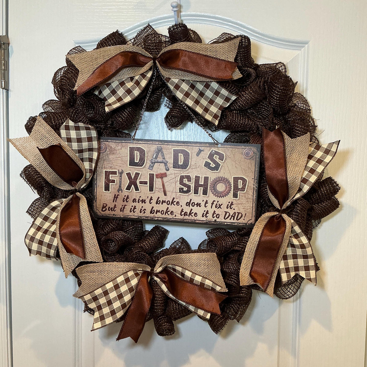 Fix-It Shop Sign Wreath, Dad’s Workshop Father’s Day Man Cave Decor, Handmade Brown Buffalo Check
