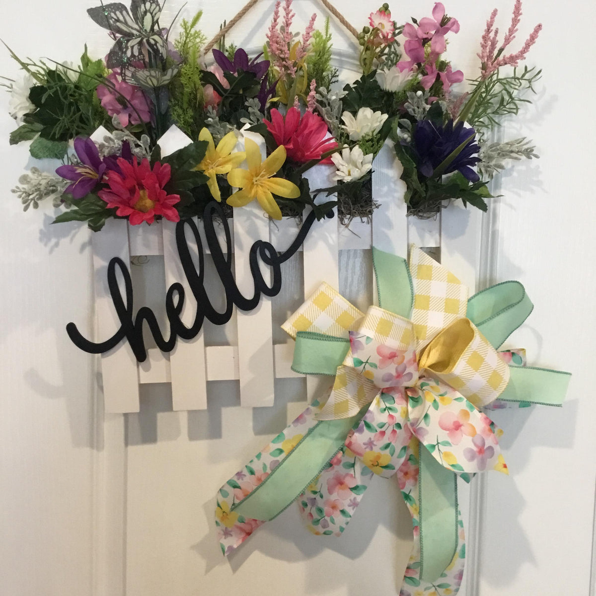Hello Spring Picket Fence Door Hanger with Florals and Gingham Bow