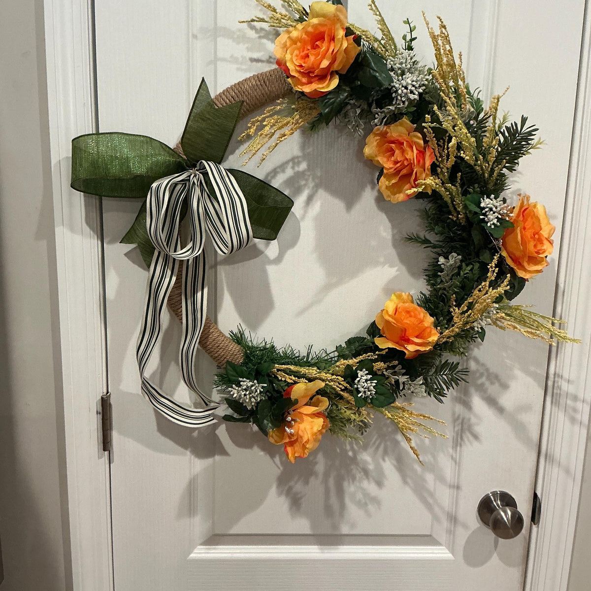 Farmhouse Spring Wreath, Orange Floral, Wheat Accent, Black White Bow