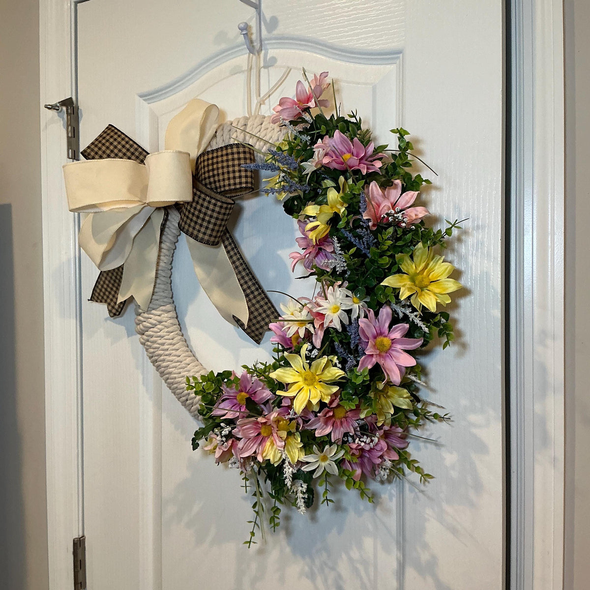 Wildflower Rope Wreath, 18 Inch Daisies Pink Lilies and Buffalo Check Bow