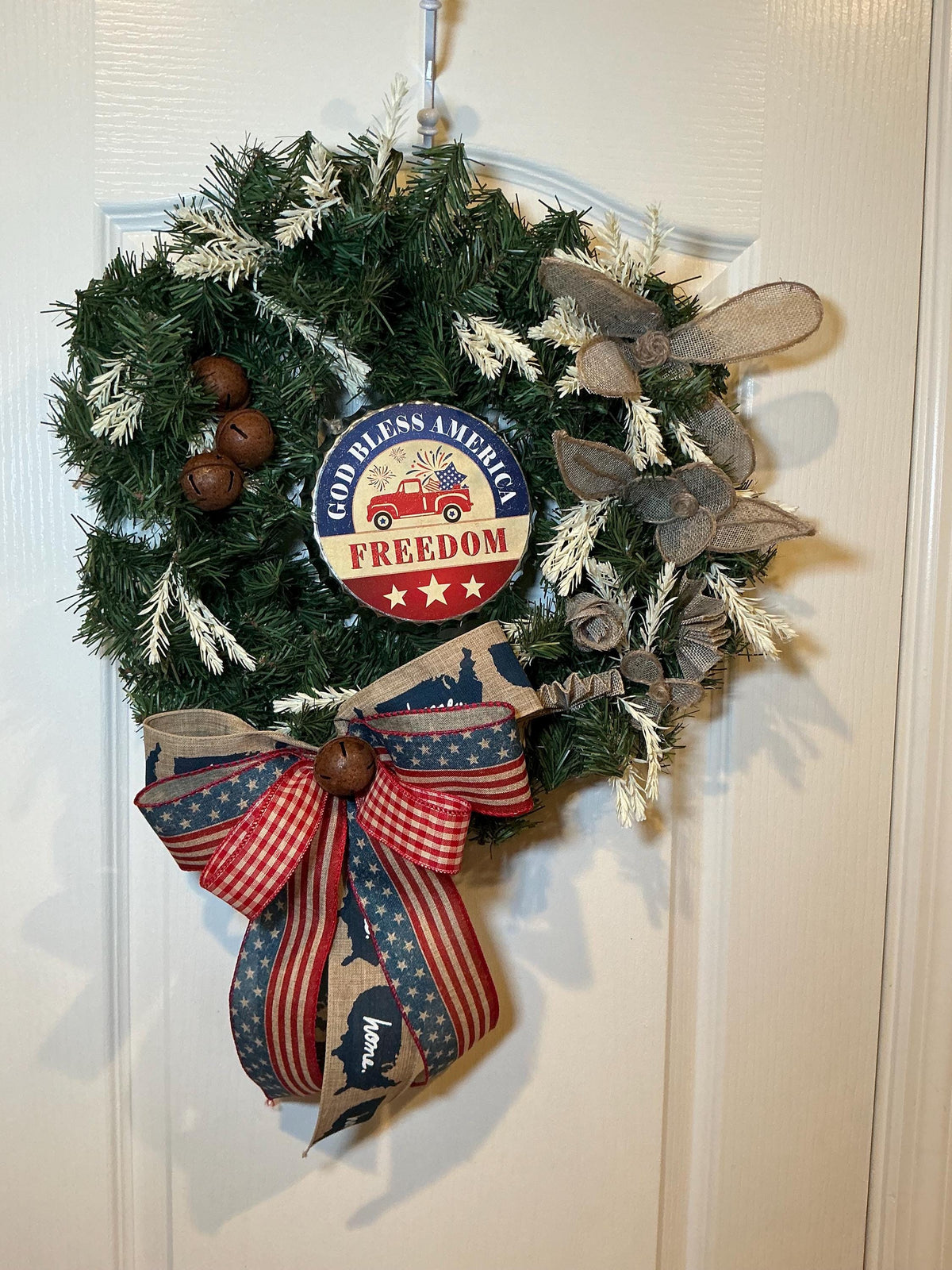 Red Truck Wreath, God Bless America Burlap Bow Rustic Farmhouse, Red White Blue Memorial Fourth of July Wreath