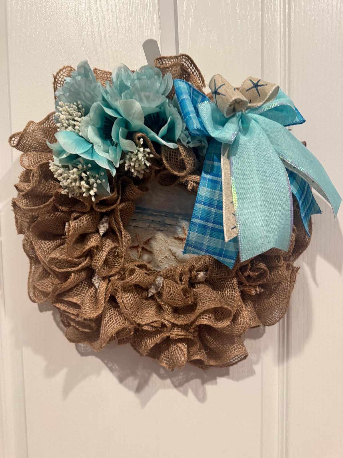 Coastal Burlap Wreath, Teal Aqua Seashell Sign, Nautical Beach Door Decor