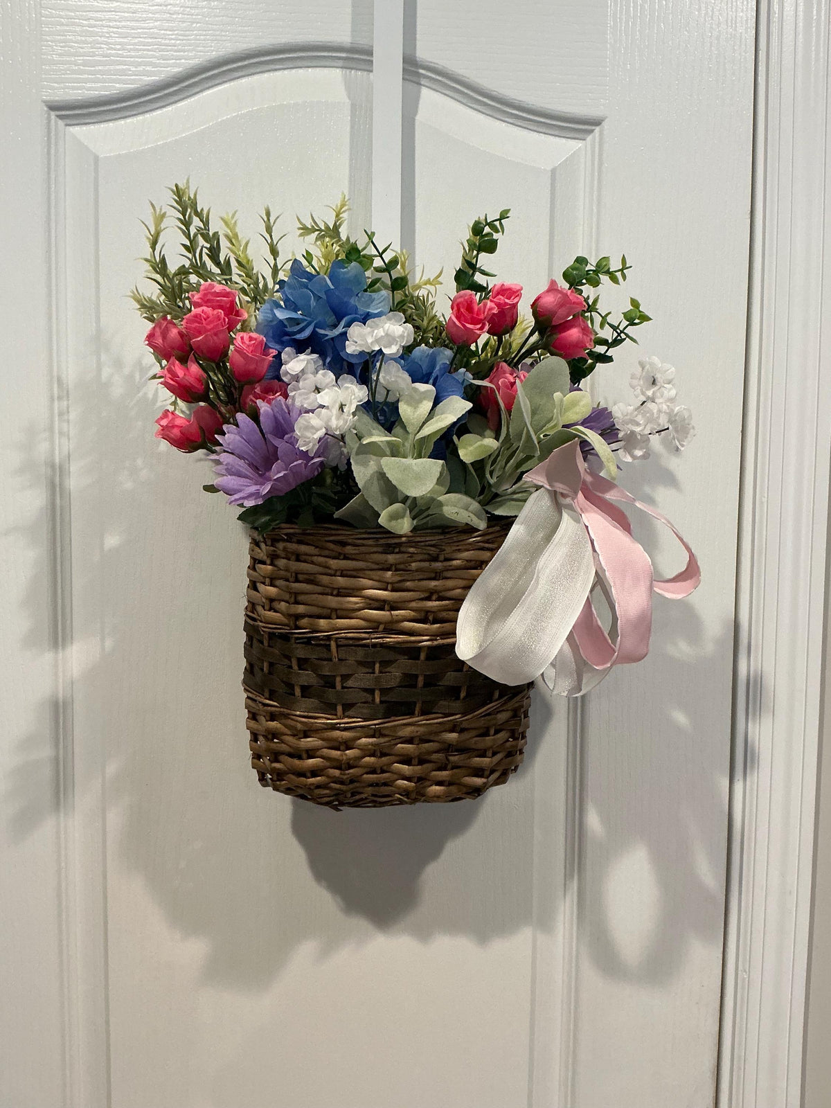 Blue Hydrangea Lavender Basket, Wicker Spring Floral Arrangement, Farmhouse Easter Mother’s Day Gift
