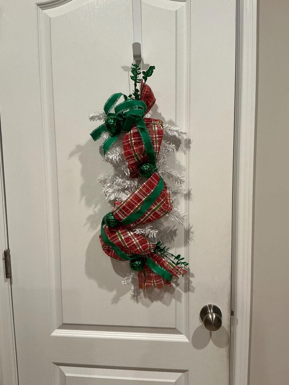 Red Plaid Spiral Christmas Tree Door Swag, Glitter Berry Accents, Green Ribbon Bow