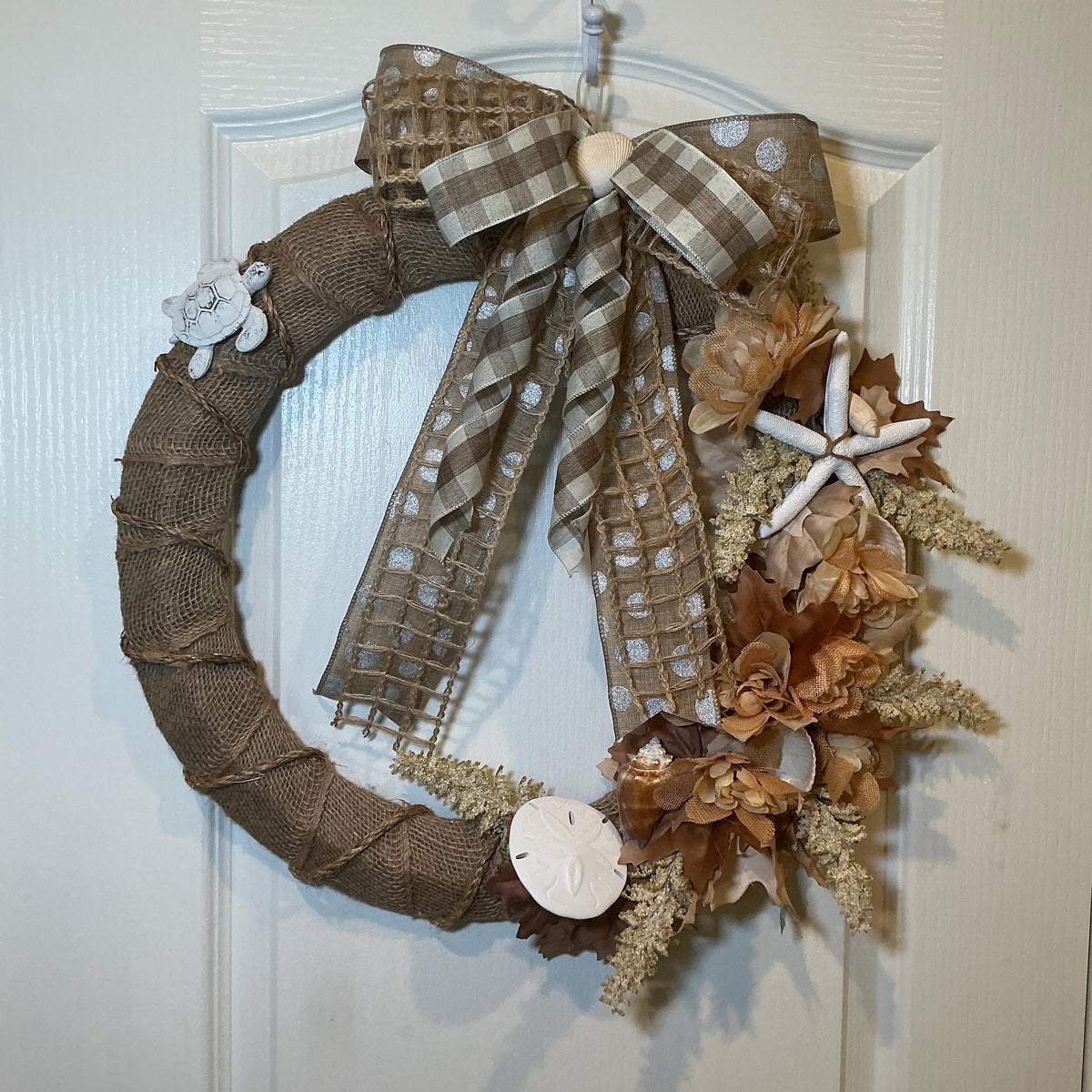 Coastal Fall Burlap Wreath, 18 Inch Sand Dollar Starfish Turtle and Autumn Leaves
