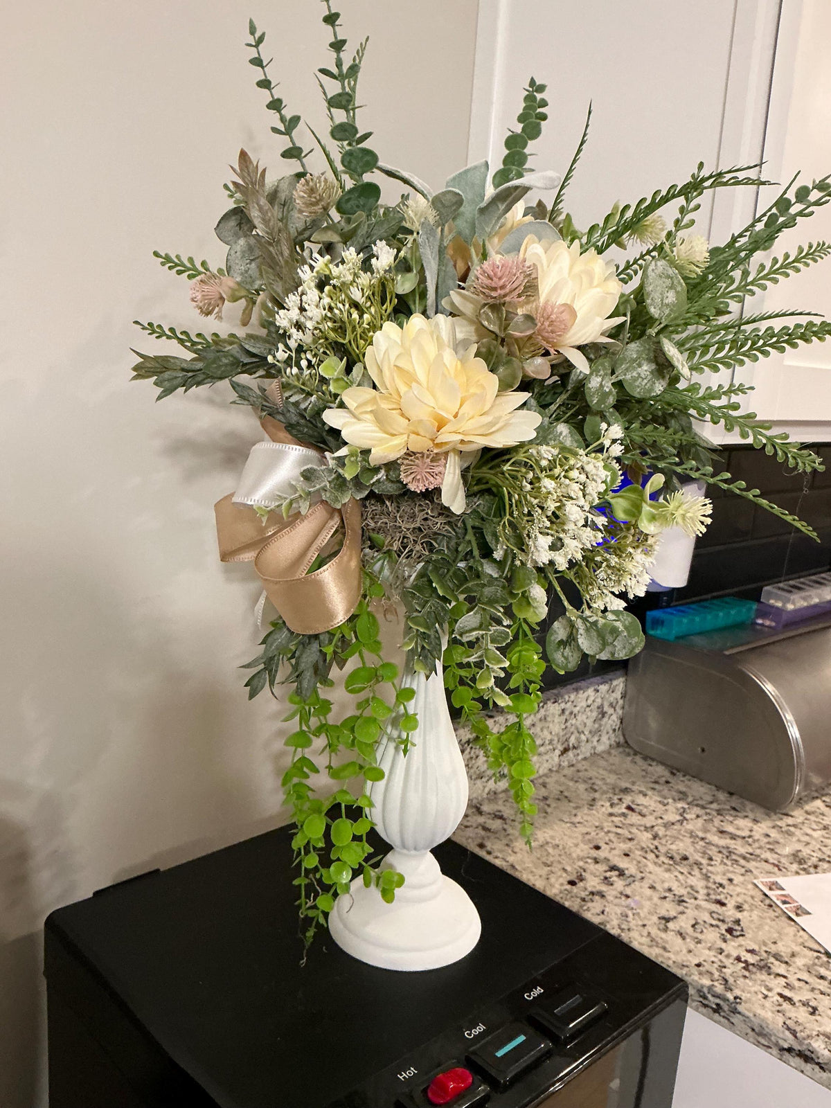 Handmade Ivory Floral Arrangement, Neutral Farmhouse Pedestal Centerpiece