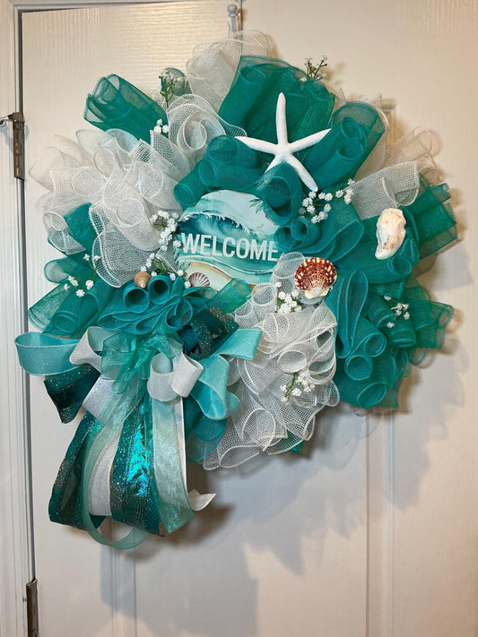 Ocean Wave Welcome Coastal Wreath, Teal Deco Mesh Seashell Decor, Starfish Front Door Wreath, Beach House Gift Handmade Summer Wreath