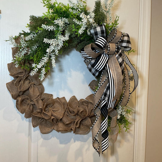 Burlap Wreath All Season Farmhouse Wreath Year Round Front Door Wreath Rustic Home Decor Shabby Chic Wreath Buffalo Check Bow