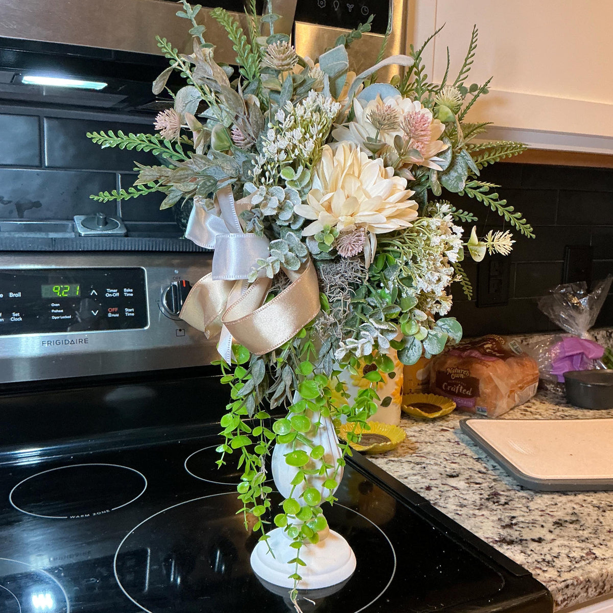 Floral Pedestal Arrangement, Cream Dahlias, Eucalyptus, Trailing Vine, Champagne Bow
