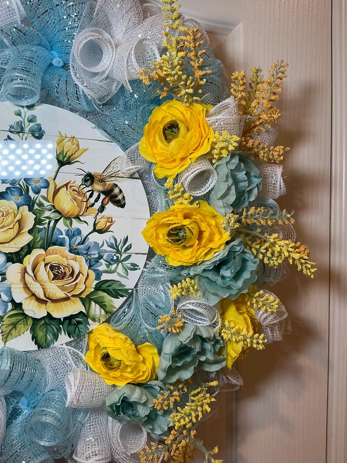 Bee Wreath for Front Door, Honeybee Floral Sign, Yellow Blue Summer Decor, Handmade