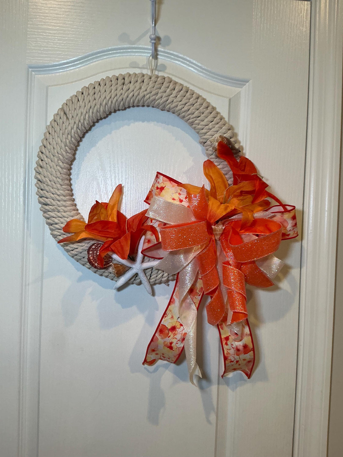 Tropical Orange Coastal Wreath, Rope Starfish Beach Decor, Seashell Nautical Front Door Wreath, Lake House Housewarming Gift, Handmade Summe