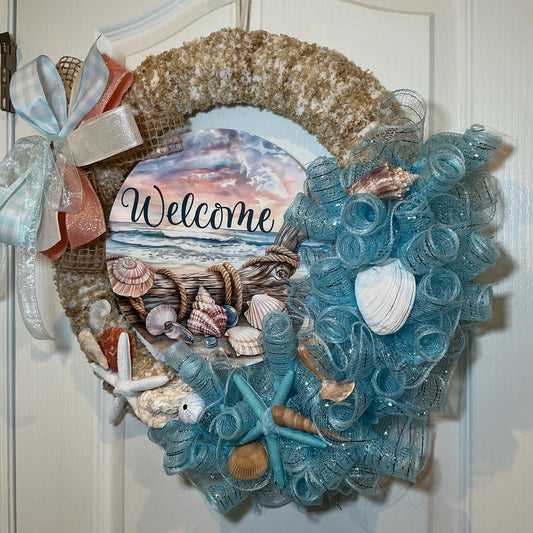 Luxury Coastal Sunset Welcome Wreath with Natural Seashells and Designer Boutique Bow Artisan Beach Front Door Decor by Donnas Handmade Wrea