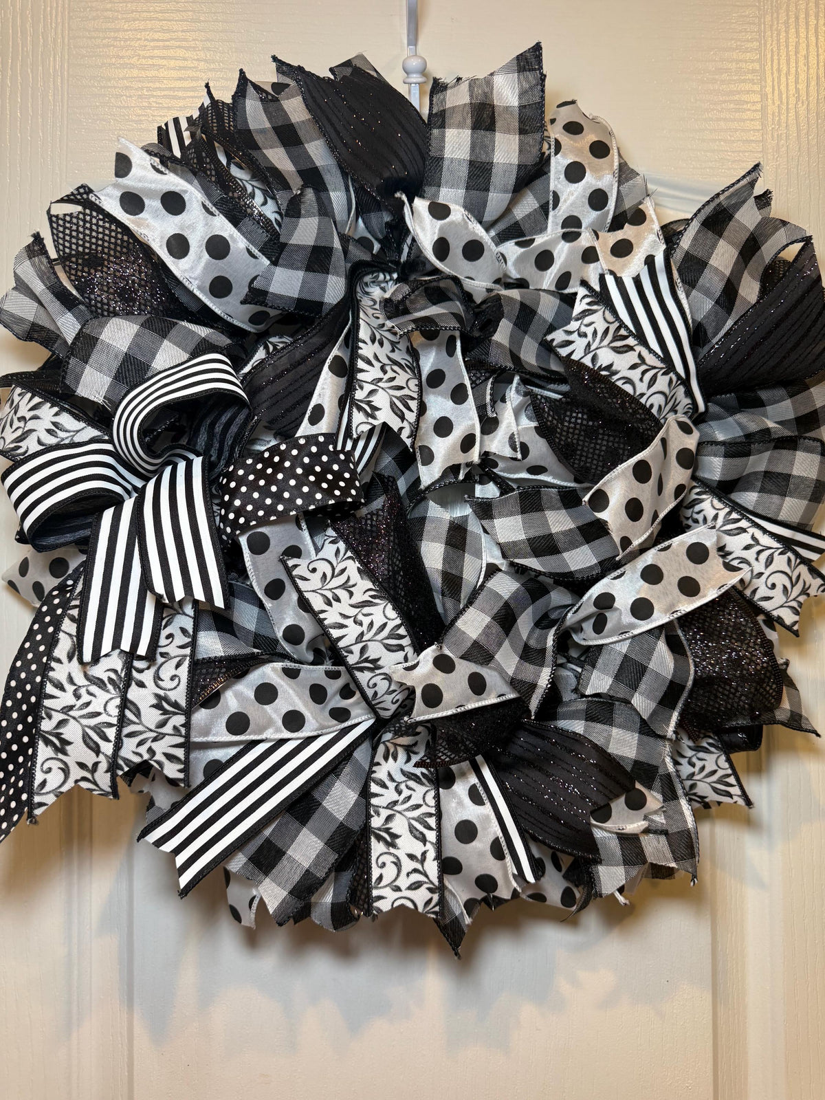 Polka Dot Ribbon Wreath, Black White Buffalo Check Farmhouse Decor, Year Round Front Door Wreath, Modern Handmade Gift