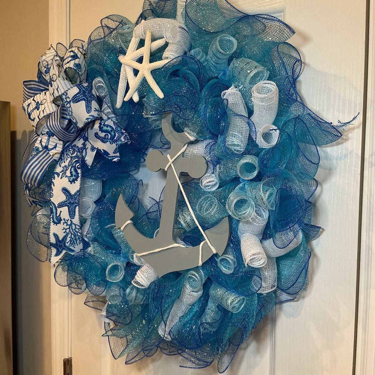 Nautical Anchor Door Wreath, Coastal Deco Mesh, Beach House Front Door Decor, Ocean Themed Porch Decor