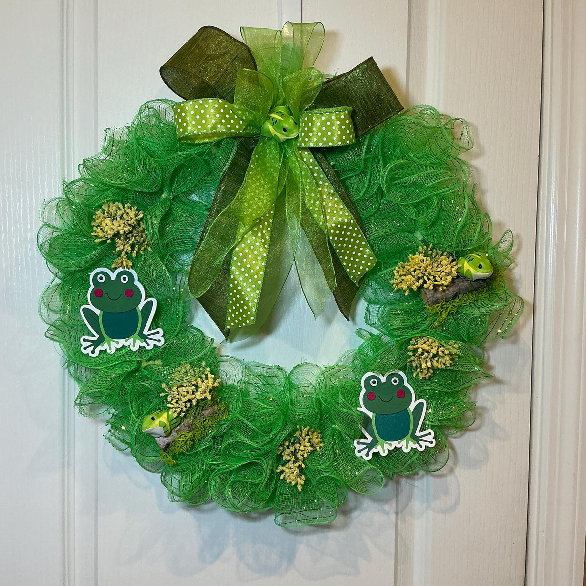 Handmade Frog Wreath, Whimsical Spring Garden Decor, Front Door Accent