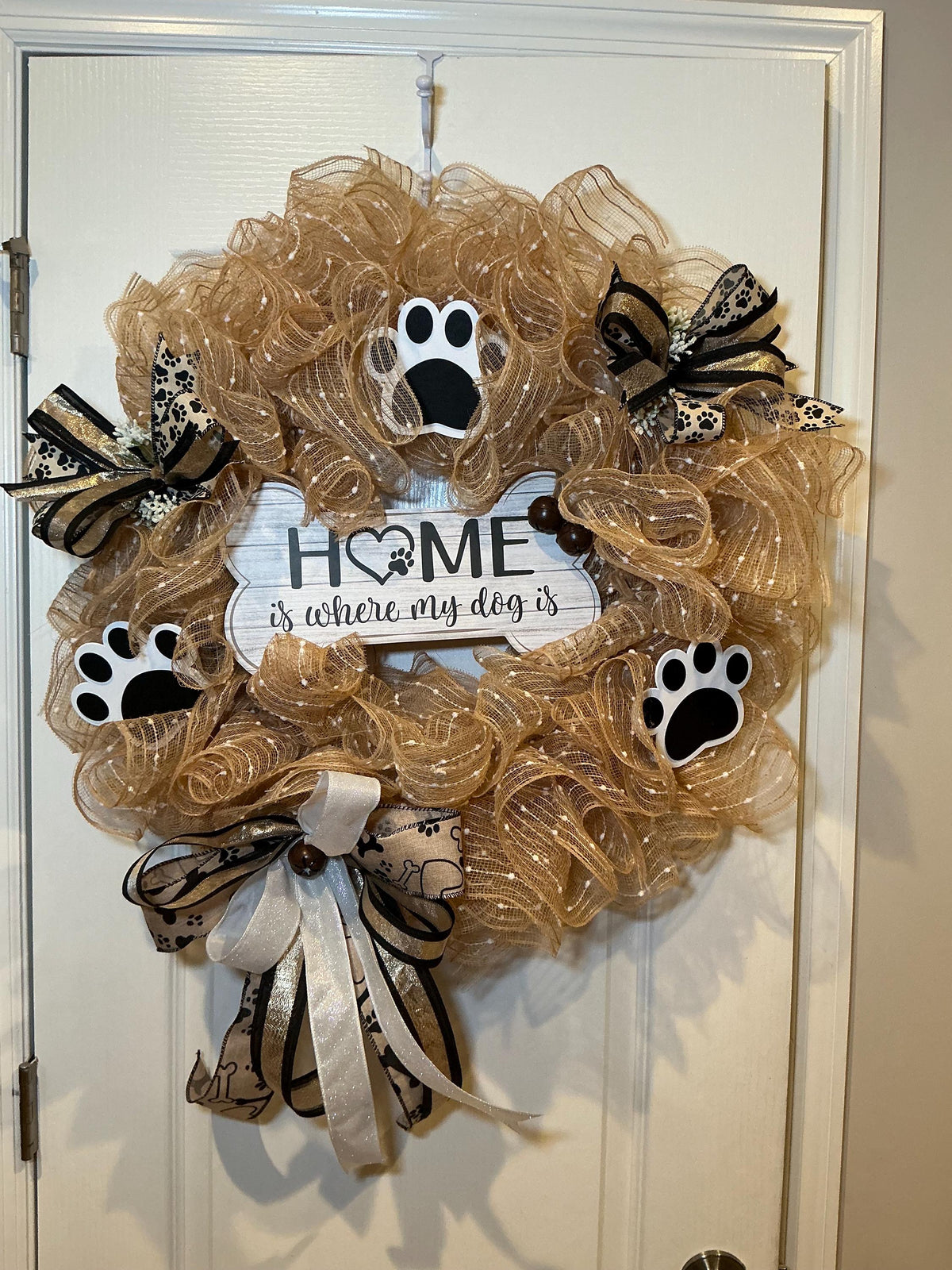 Home Is Where My Dog Is Wreath with Paw Prints, Farmhouse Dog Mom Door Decor