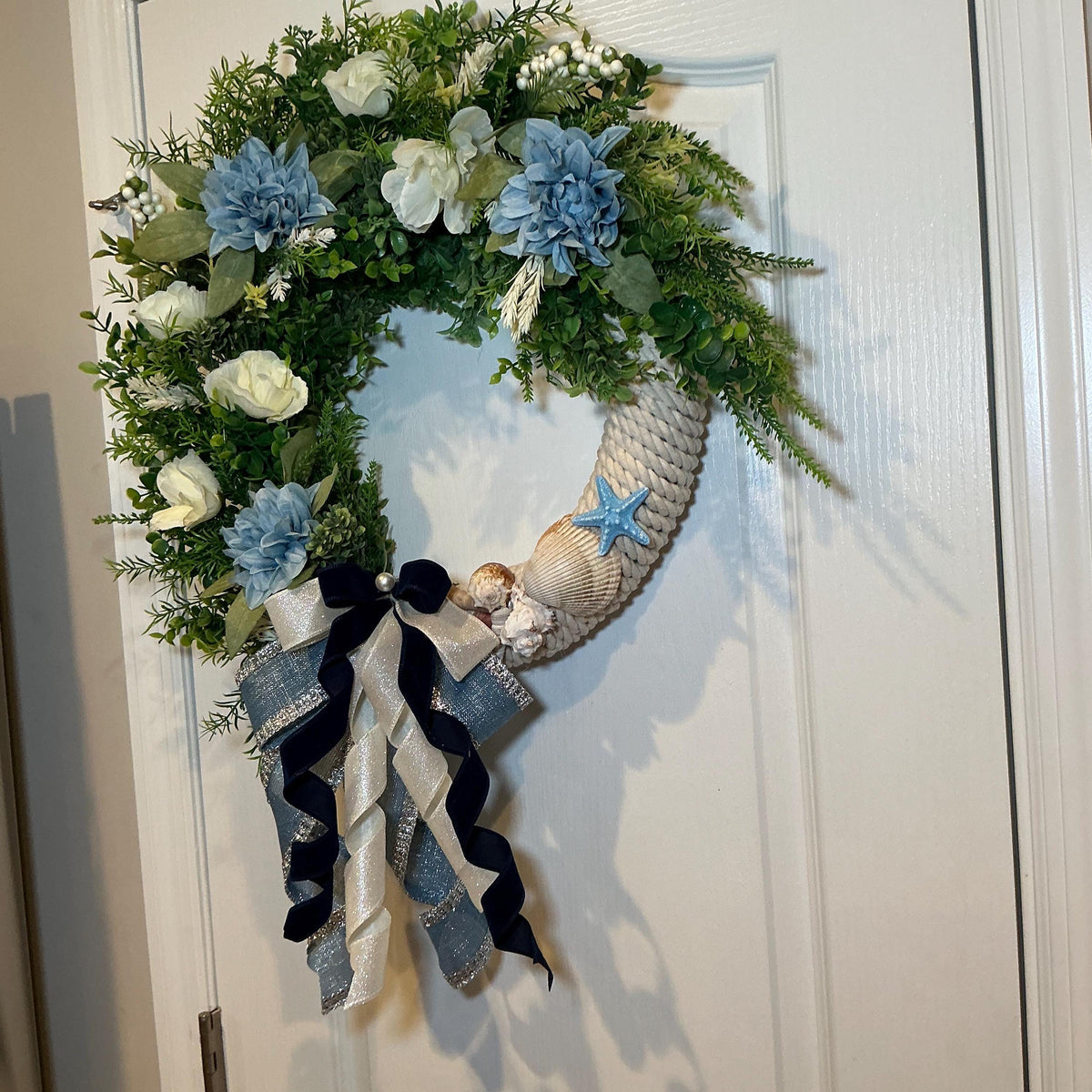 Blue Dahlia White Rose Coastal Wreath, Seashell Starfish, Navy Bow, Rope Base, 16 Inch Front Door Decor, Handmade