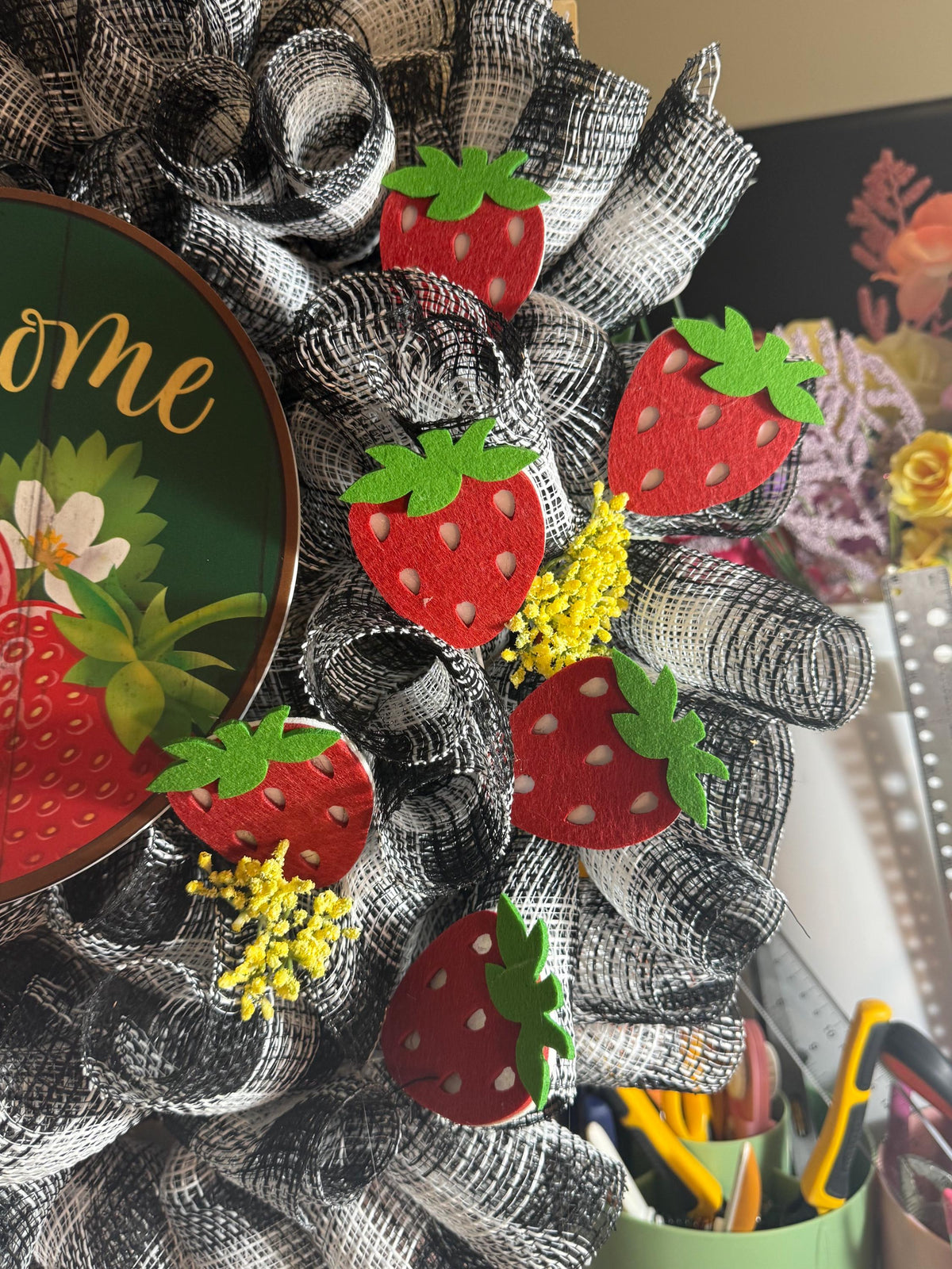 Strawberry Welcome Wreath with Buffalo Check Mesh, Storm Door Friendly Farmhouse Decor