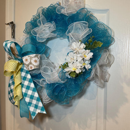Daisy Wreath, Teal Front Door Decor, Farmhouse Style Wreath, Housewarming Gift, Handmade