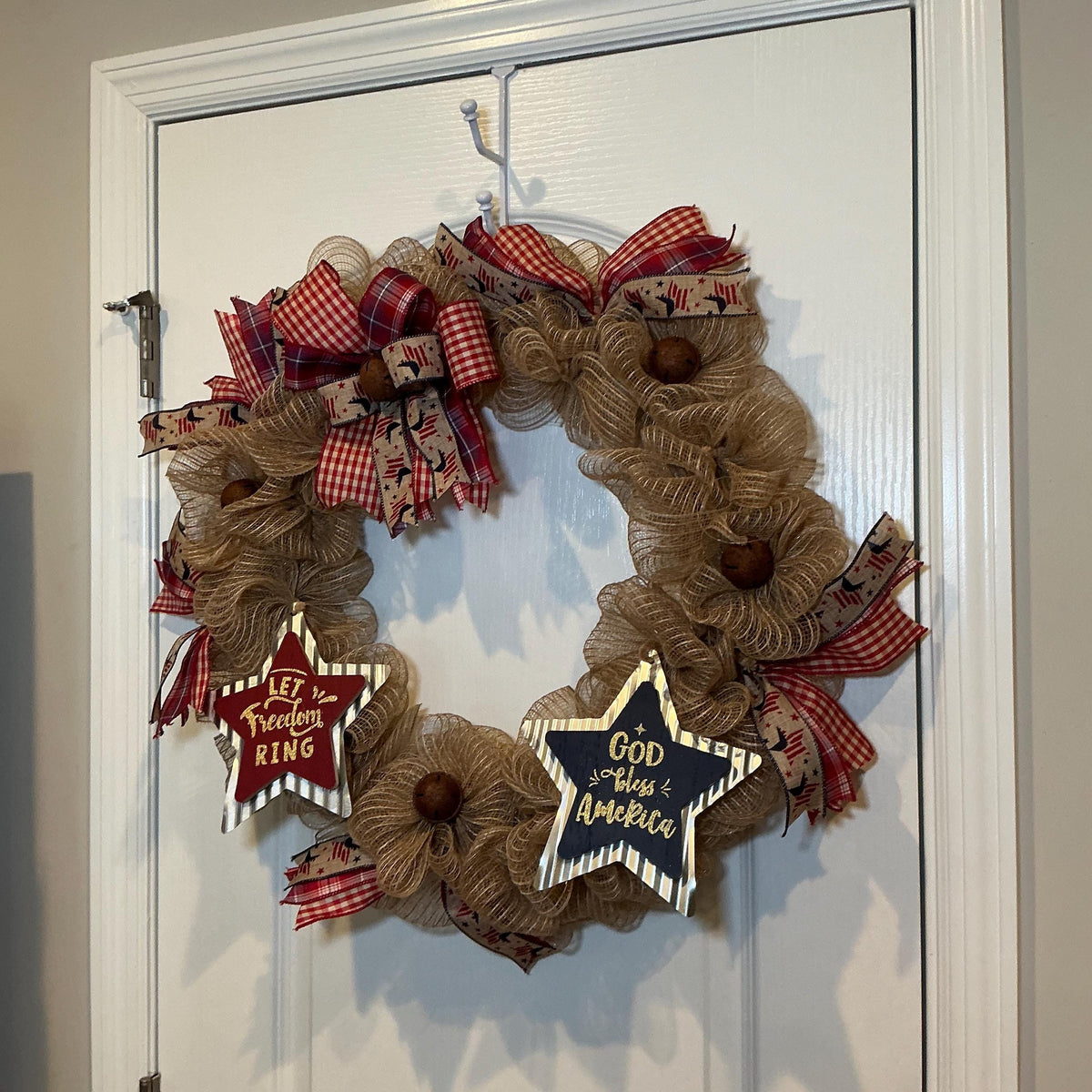 Rustic Americana Front Door Wreath, Fourth of July Wreath, God Bless America, Let Freedom Ring, Burlap Farmhouse, Jingle Bells, 18 Inch