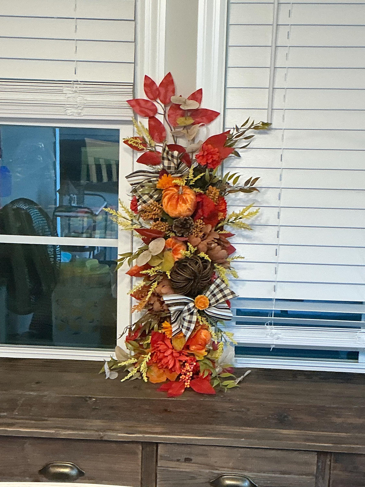 Pumpkin Fall Floral Swag, 28 Inch Buffalo Check Bow Door or Mantel Decor