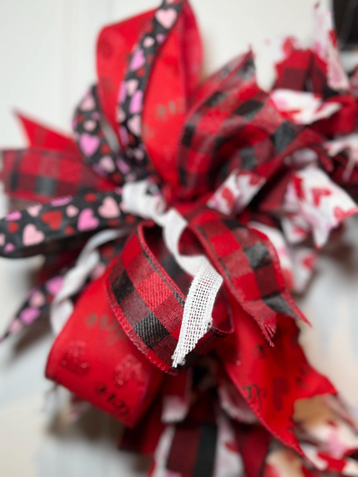 Buffalo Plaid Fabric Rag Wreath, Red Plaid Rustic Farmhouse Front Door Decor