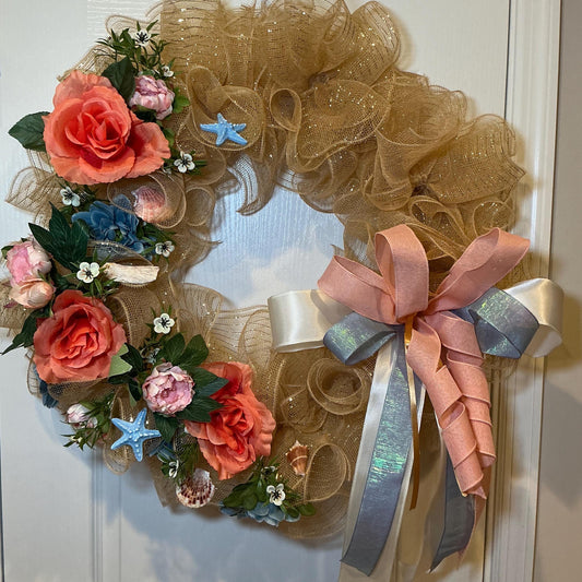 Gold Glitter Coastal Wreath, 18 Inch Dusty Blue Peach Florals with Seashells
