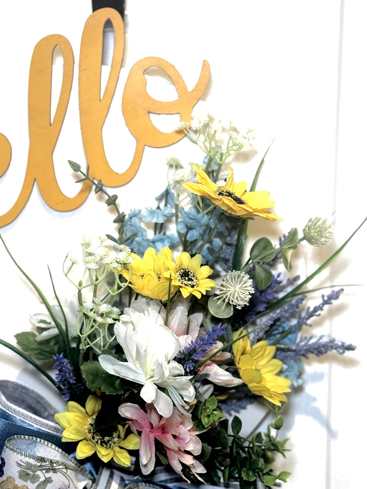 Blue Yellow White Hello Spring Floral Wreath with Handmade Bow, Front Door Decor