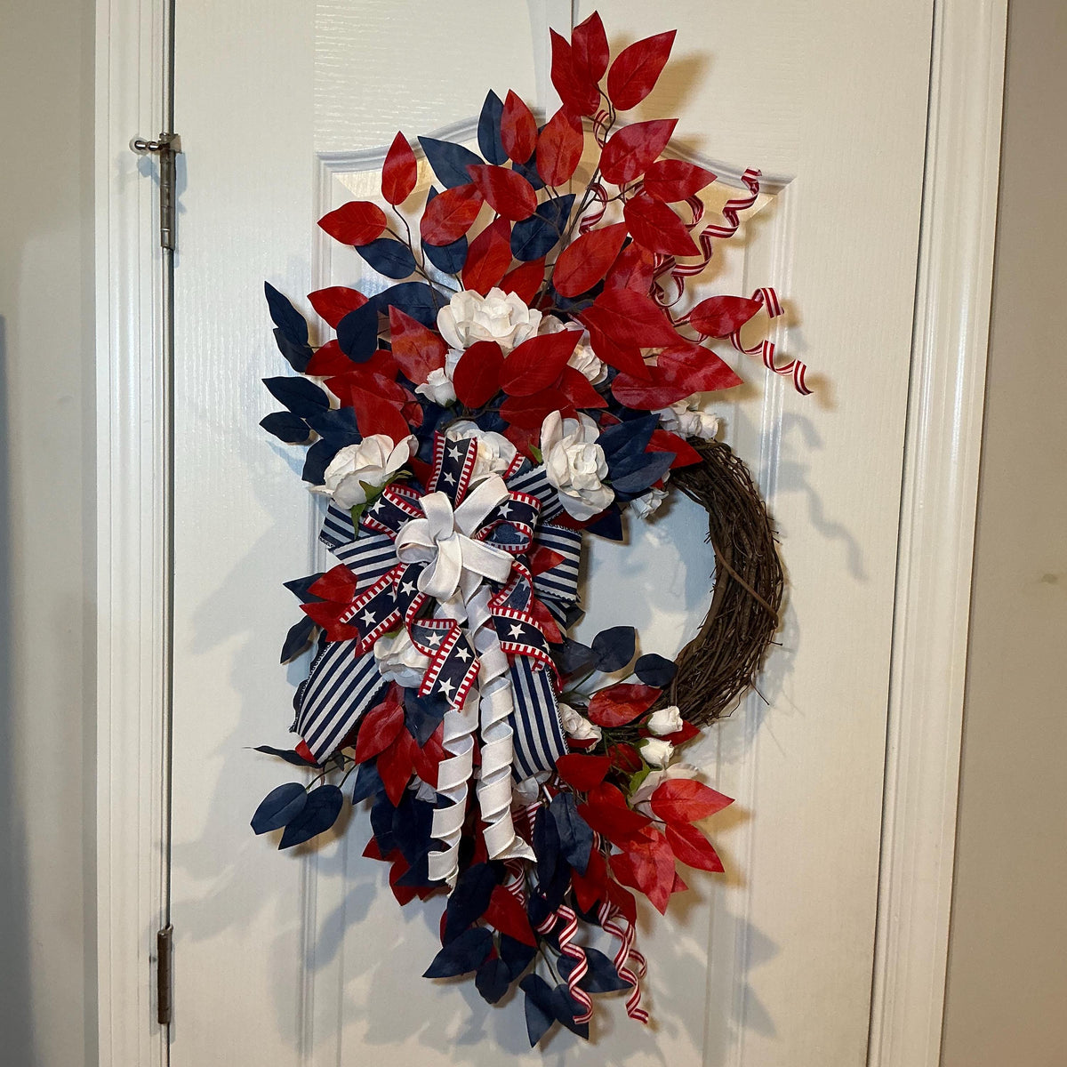 Patriotic Grapevine Wreath, Red White Blue Front Door Wreath, Americana Star Ribbon Bow, USA Summer Porch Decor.