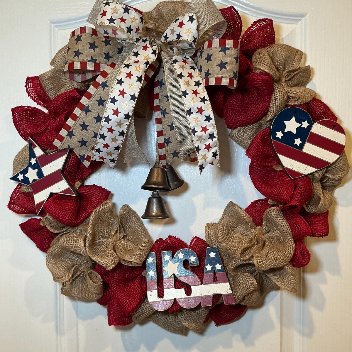 Rustic Burlap Bell Wreath, Star Heart Americana Decor, USA 250th Anniversary Red White Blue