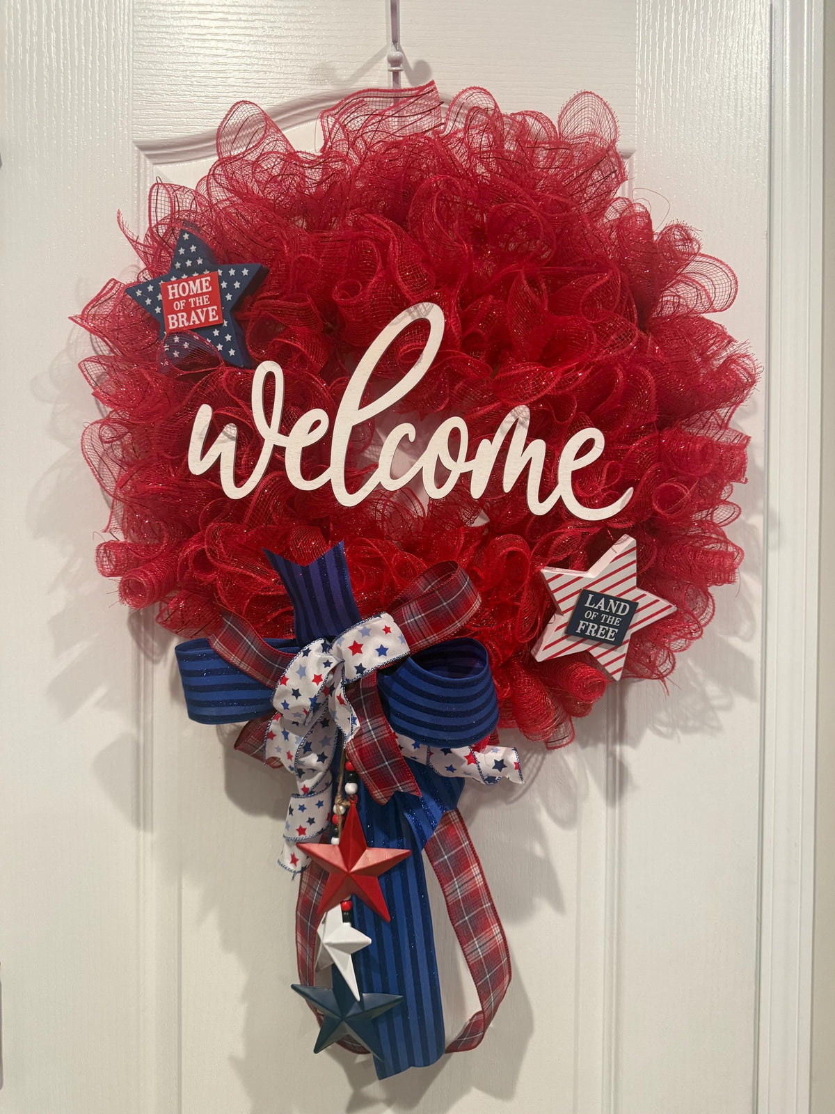 Deco Mesh Welcome Wreath, Home of the Brave Star Decor, Red White Blue Front Door, Land of the Free, Fourth of July Handmade NC
