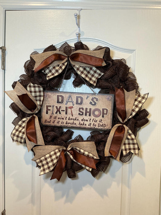 Fix-It Shop Sign Wreath, Dad’s Workshop Father’s Day Man Cave Decor, Handmade Brown Buffalo Check