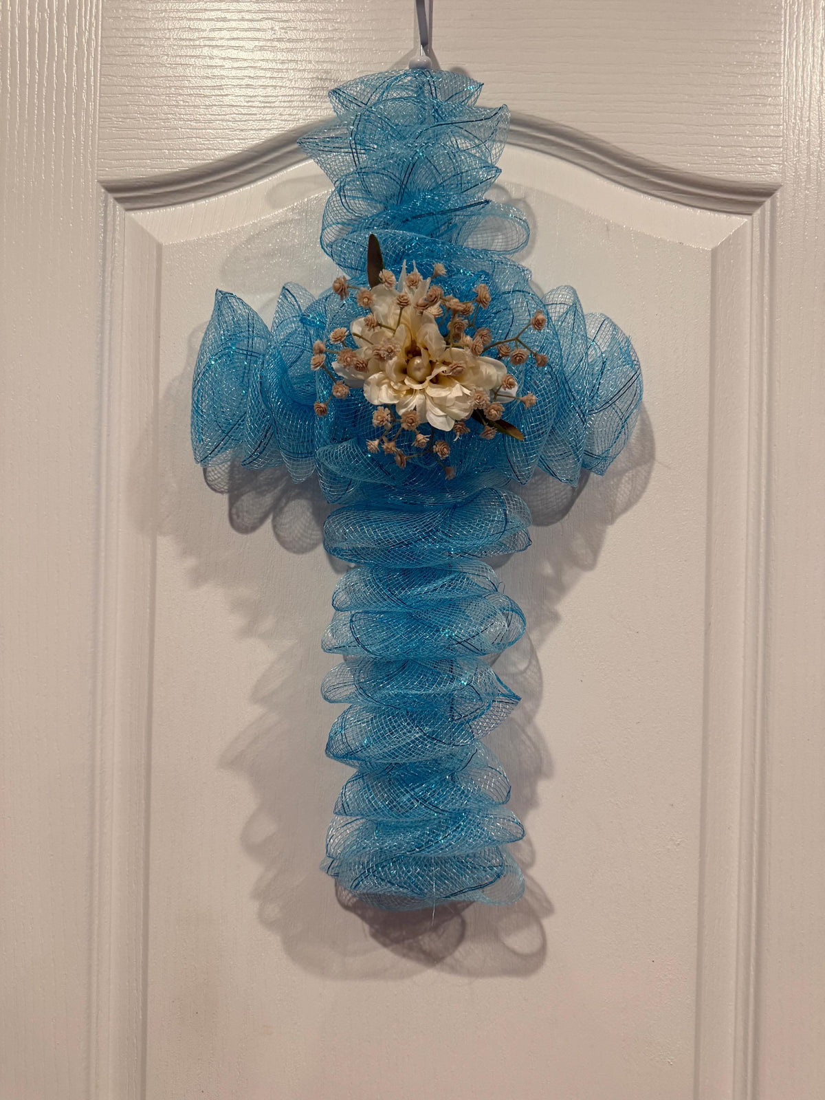 Sky Blue Cross, Ivory Floral Faith Decor, Handmade Church Door Wall Hanging