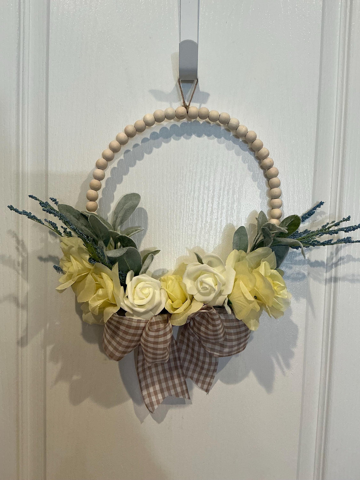 Handmade Yellow Rose Lambs Ear Wreath, Wooden Bead Ring, Spring Floral Decor