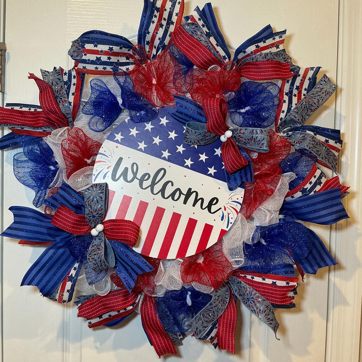 Handmade Americana Wreath, American Flag Welcome Sign, Red White Blue Decor