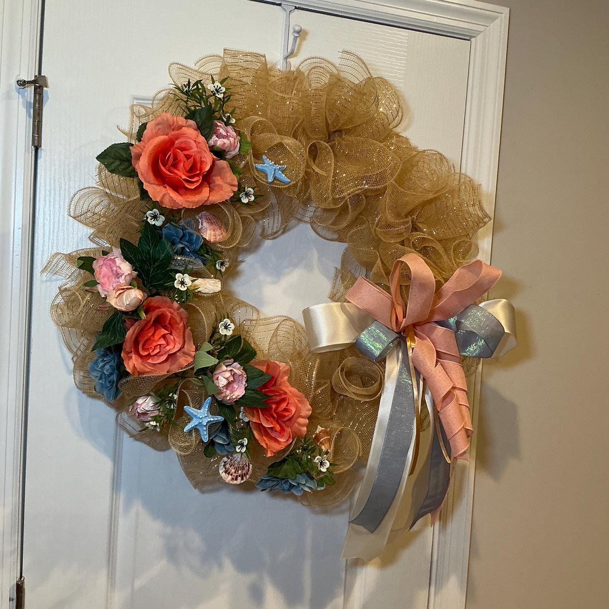 Gold Glitter Coastal Wreath, 18 Inch Dusty Blue Peach Florals with Seashells