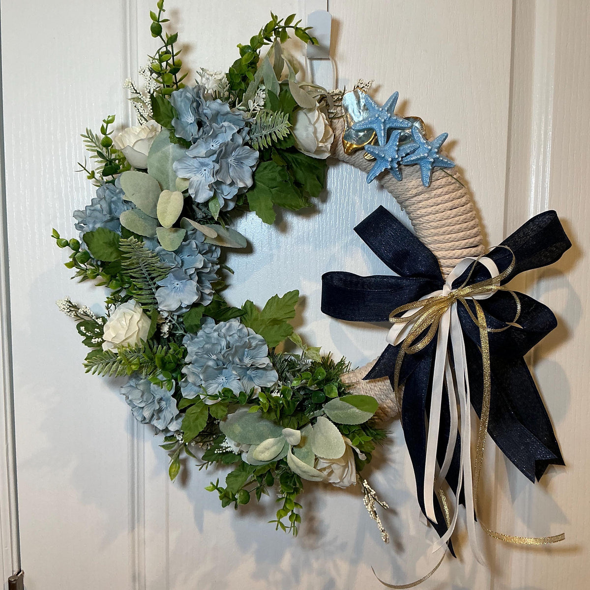 Oyster Shell Coastal Rope Wreath with Blue Hydrangea and Starfish, Nautical Door Decor