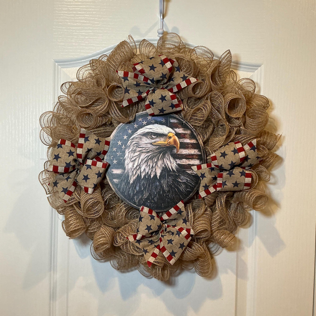Eagle Portrait Medallion Wreath, Farmhouse Burlap Americana, Fourth of July American Flag Decor