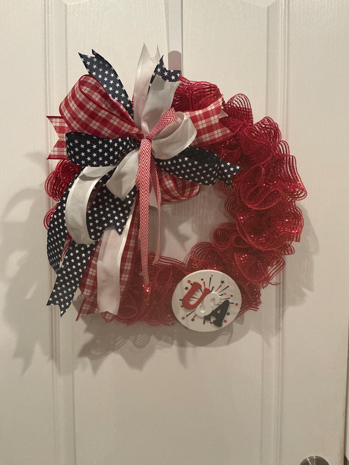 Front Door Wreath, Americana USA Sign, Fourth of July Red White Blue, Red Glitter Mesh, Memorial Day Independence Day Wreath