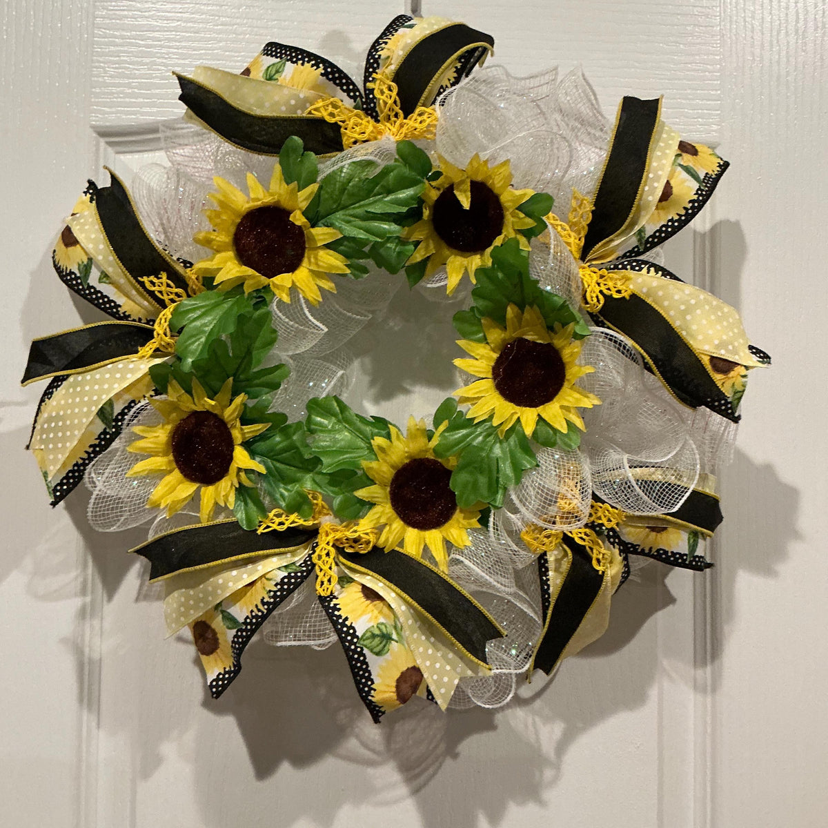 Sunflower Wreath, 12 Inch Black Yellow Polka Dot Bow on White Mesh